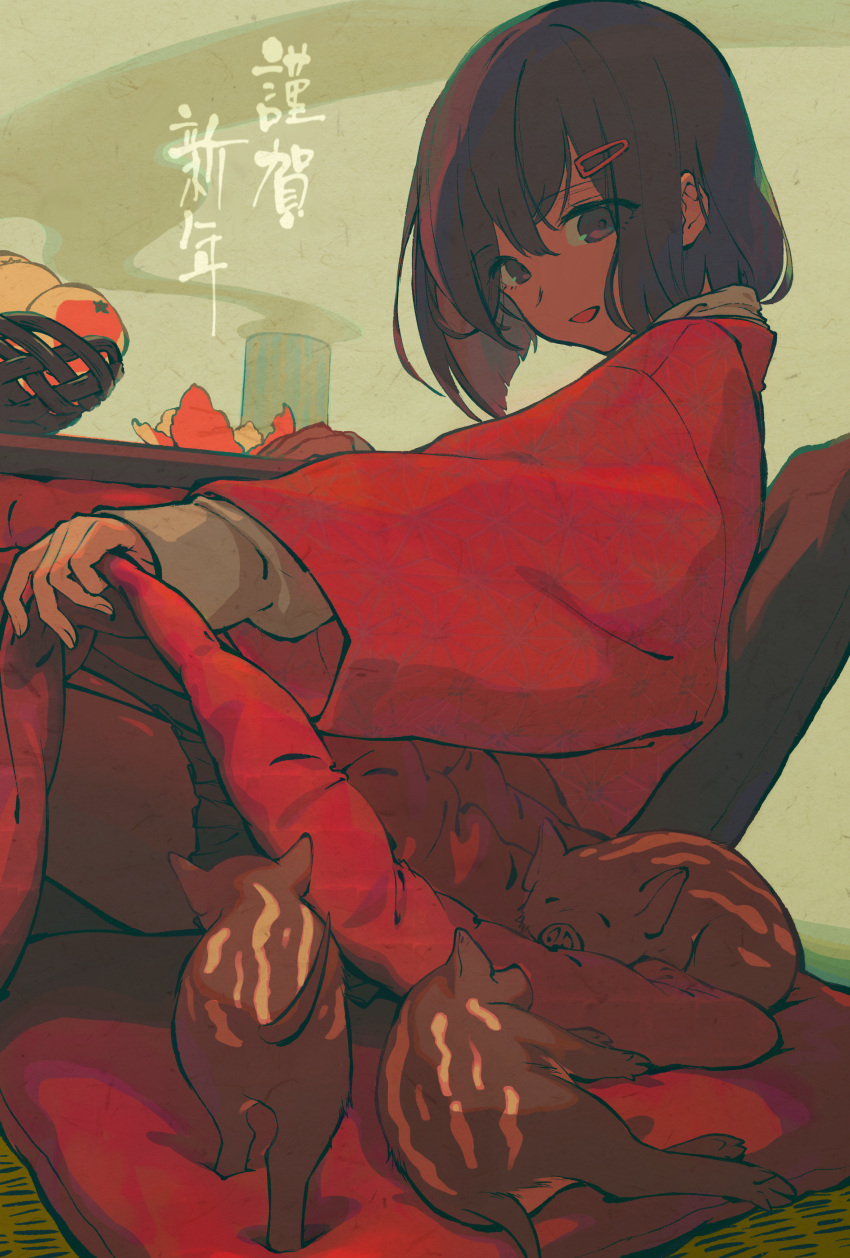 1girl, :d, absurdres, bangs, basket, brown_eyes, brown_hair, brown_skirt, chinese_zodiac, commentary_request, cup, cushion, dig, eyebrows_visible_through_hair, food, fruit, hair_between_eyes, hair_ornament, hairclip, haori, highres, huge_filesize, japanese_clothes, kotatsu, long_sleeves, looking_at_viewer, looking_to_the_side, mandarin_orange, nengajou, new_year, open_mouth, original, pleated_skirt, shirt, sitting, skirt, sleeves_past_wrists, smile, solo, steam, table, tentsuu_(tentwo), white_shirt, wide_sleeves, year_of_the_pig, yunomi, zabuton