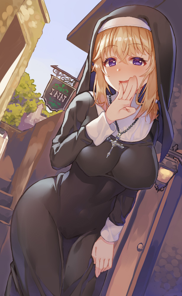 1girl, bangs, blonde_hair, blue_sky, blush, breasts, building, commentary_request
