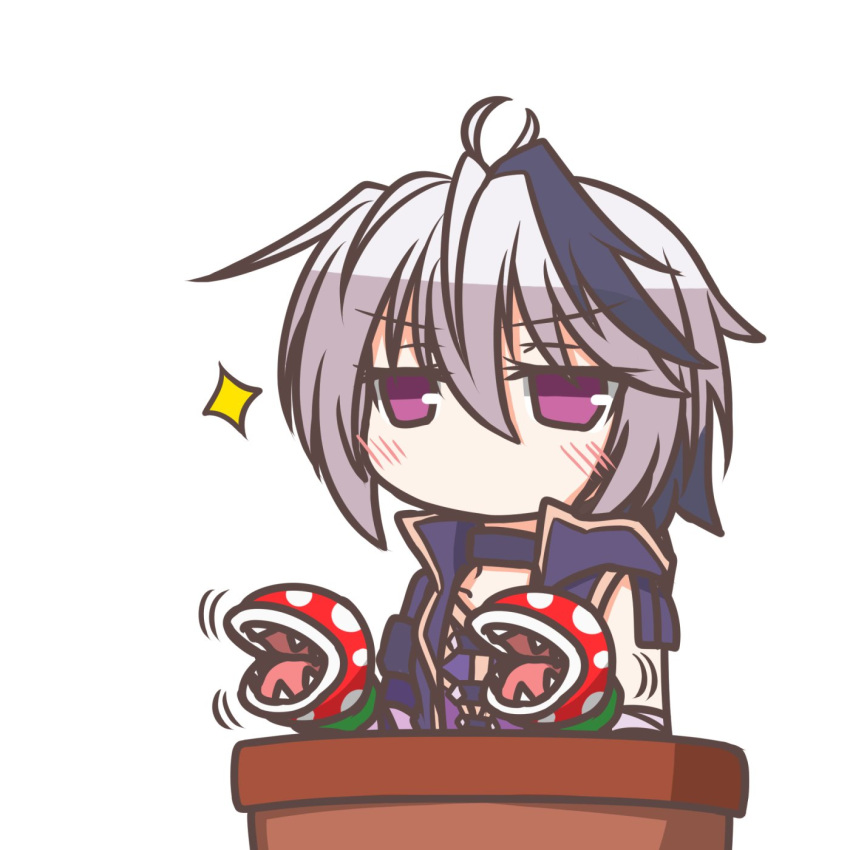 1girl, arutau, asymmetrical_clothes, chibi, choker, commentary, doyagao, flower_(vocaloid), flower_(vocaloid4), flower_pot, hand_puppet, highres, jitome, mario_(series), multicolored_hair, nintendo, no_mouth, piranha_plant, pun, puppet, short_hair, silver_hair, streaked_hair, super_mario_bros., vest, violet_eyes, vocaloid