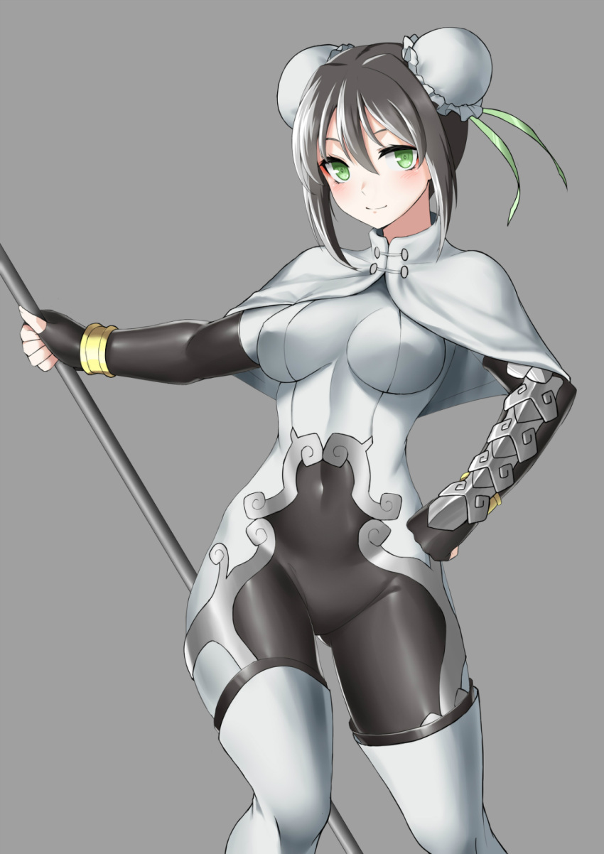 1girl, black_hair, bodysuit, breasts, bun_cover, capelet, chinese_clothes, covered_navel