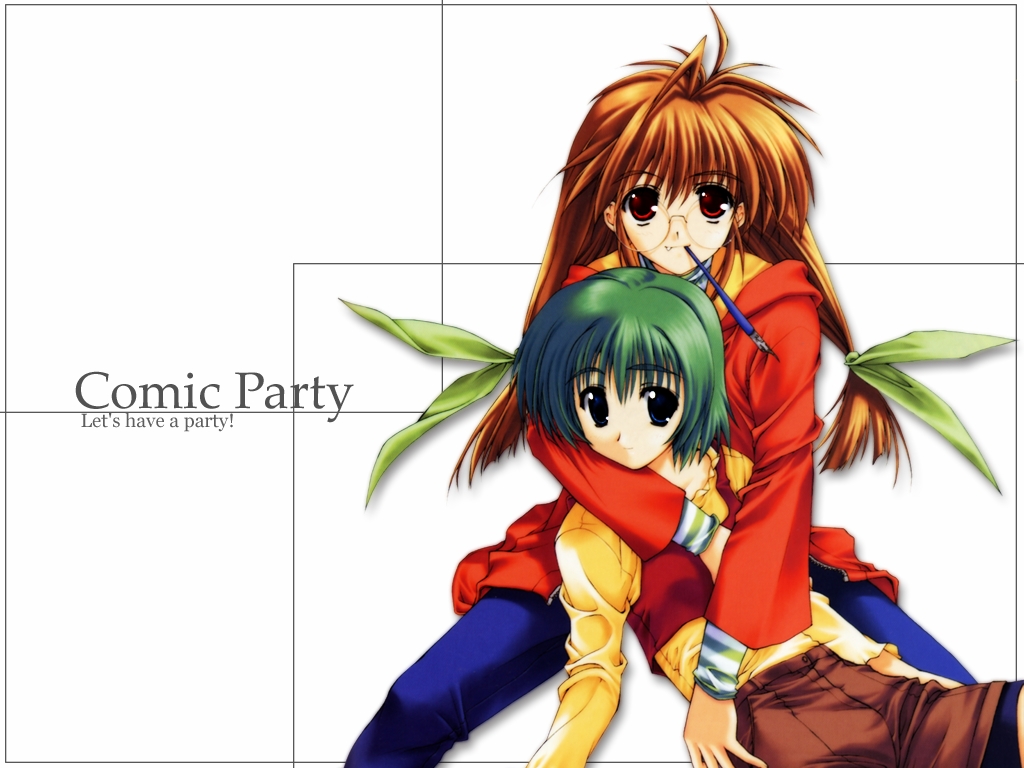 brown_hair, comic_party, fang, fountain_pen, glasses, green_eyes, green_hair, hug, inagawa_yuu, long_hair, mouth_hold, oba_eimi, ooba_eimi, pen, short_hair, wallpaper