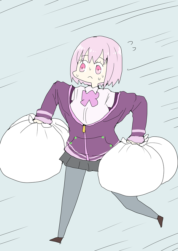 1girl, ashitaba_tomorou, bob_cut, bow, hood, hoodie, running, school_uniform, shinjou_akane, solo, ssss.gridman, trash_bag
