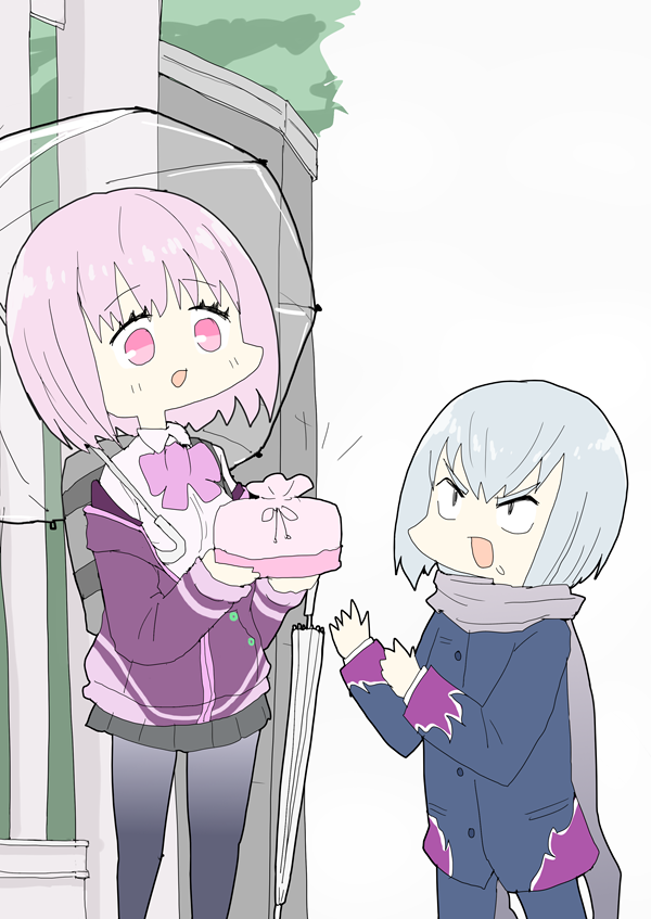 1boy, 1girl, anti_(ssss.gridman), ashitaba_tomorou, bob_cut, commentary_request, gakuran, giving
