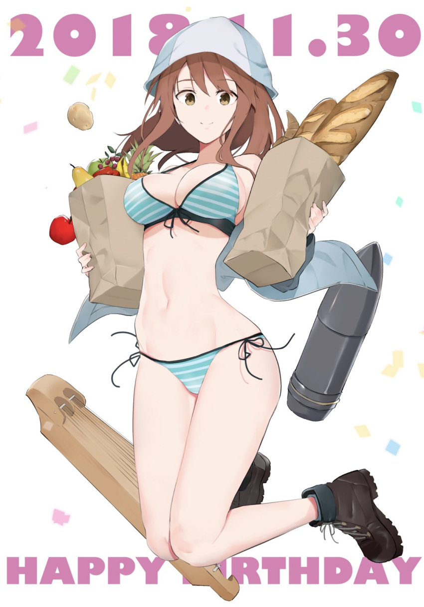 1girl, apple, bag, baguette, bikini, blue_hat, boots, bread