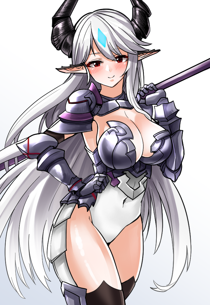 1girl, black_legwear, blush, breasts, covered_navel, epic7, gauntlets, hand_on_hip