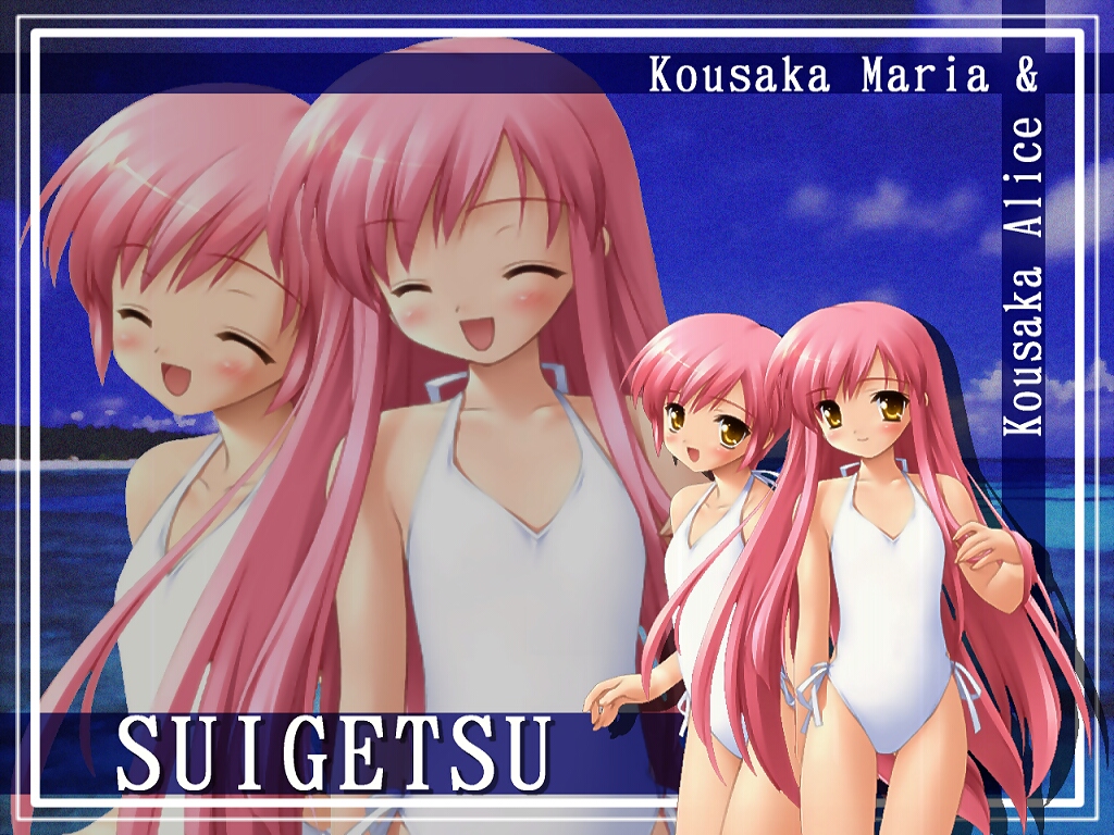 beach, blush, closed_eyes, flat_chest, gayarou, happy, kousaka_alice, kousaka_maria