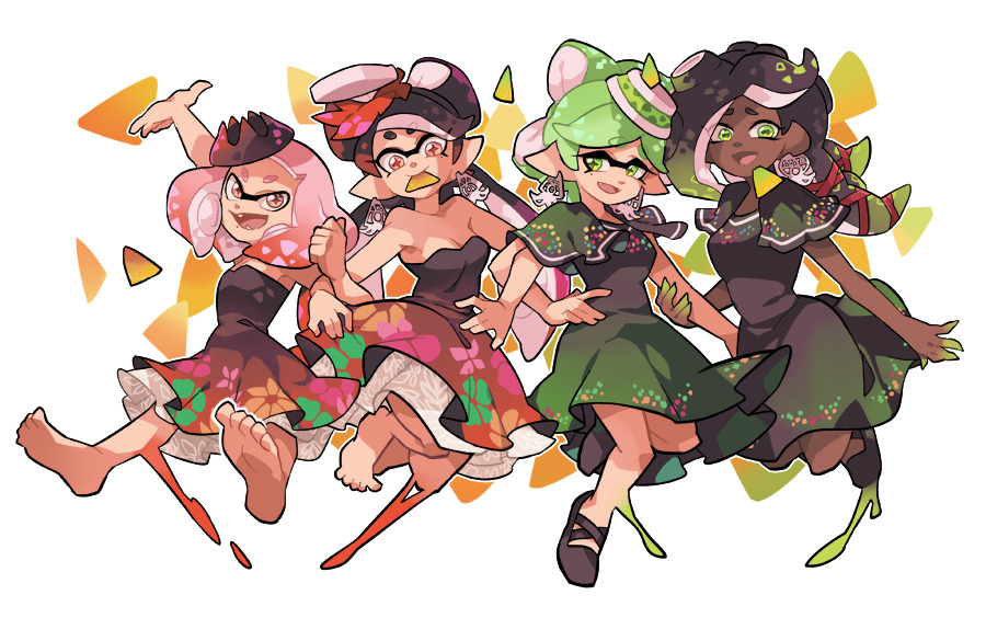 +_+, 4girls, :d, arm_grab, arm_up, bangs, bare_shoulders, barefoot