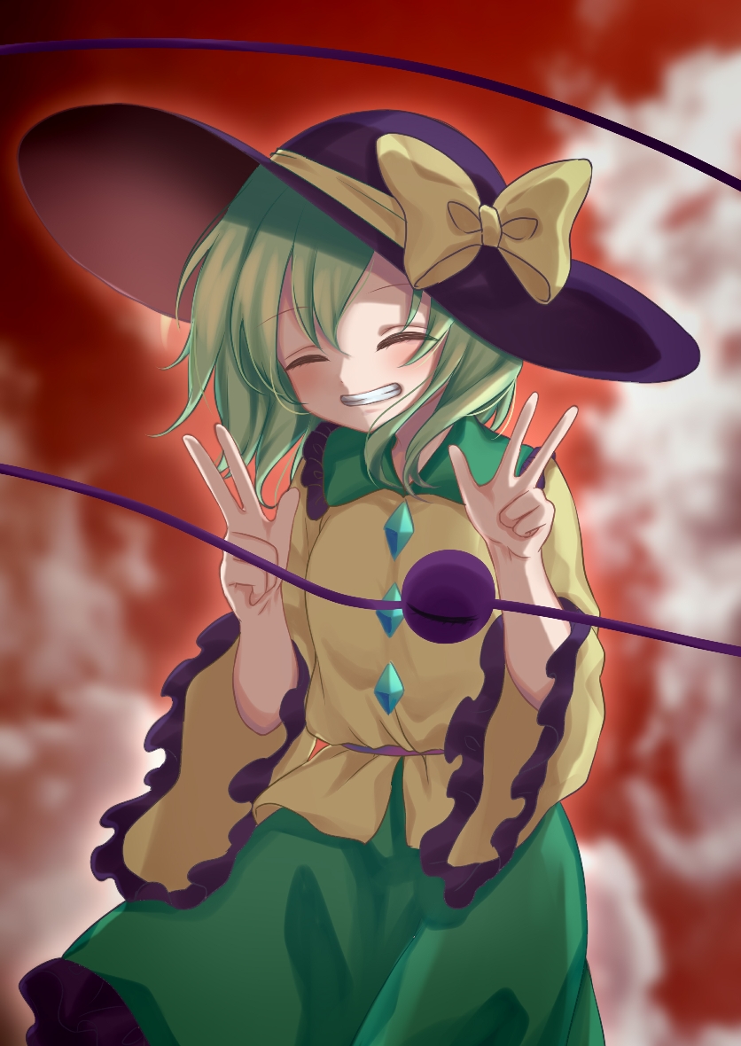 1girl, bangs, blurry, blush, bow, buttons, closed_eyes, diamond_shaped_buttons