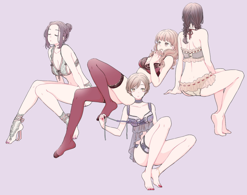 4girls, ass, babydoll, bare_arms, bare_legs, bare_shoulders, barefoot, bra