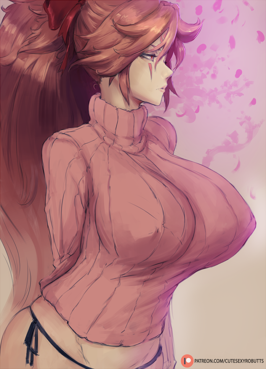 1girl, arm_behind_back, baiken, black_panties, breasts, brown_hair, cherry_blossoms, cutesexyrobutts