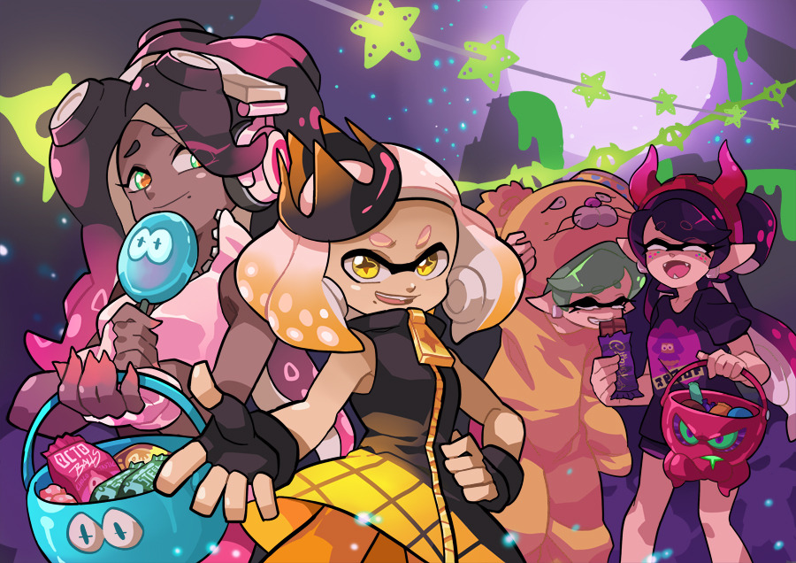 +_+, 4girls, :d, animal_costume, bangs, bear_costume, black_gloves, black_hair, black_shirt, black_shorts, black_skin, blonde_hair, blunt_bangs, bucket, callie_(splatoon), candy, cephalopod_eyes, chocolate_bar, closed_eyes, commentary, cousins, crop_top, crown, demon_horns, dj_octavio, domino_mask, dress, earrings, eating, english_commentary, fangs, fingerless_gloves, food, foreshortening, full_moon, gloves, gomipomi, gradient_hair, green_eyes, grey_hair, grin, hairband, headphones, holding, holding_food, horns, jellyfish_(splatoon), jewelry, laughing, leaning_forward, lollipop, long_hair, looking_at_viewer, makeup, marie_(splatoon), marina_(splatoon), mascara, mask, medium_hair, mole, mole_under_eye, mole_under_mouth, moon, multicolored, multicolored_hair, multicolored_skin, multiple_girls, night, night_sky, octarian, open_mouth, outdoors, pantyhose, pearl_(splatoon), pink_gloves, pink_pupils, pink_shirt, pointy_ears, print_shirt, purple_hairband, shirt, short_dress, short_sleeves, shorts, sky, sleeveless, sleeveless_dress, smile, splatoon, splatoon_(series), splatoon_1, splatoon_2, standing, star, star_(sky), starry_sky, suction_cups, t-shirt, tentacle_hair, trick-or-treating, white_hair, yellow_dress, yellow_eyes, yellow_legwear, zipper, zipper_pull_tab
