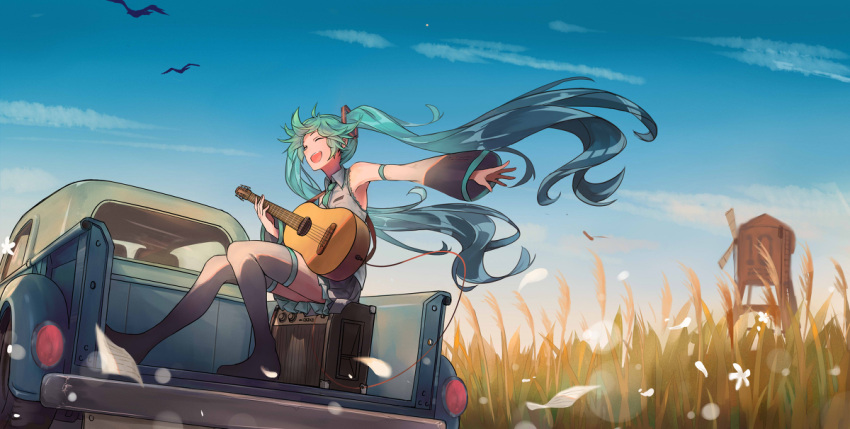 acoustic_guitar, amplifier, bird, flower, ground_vehicle, guitar, hatsune_miku, instrument