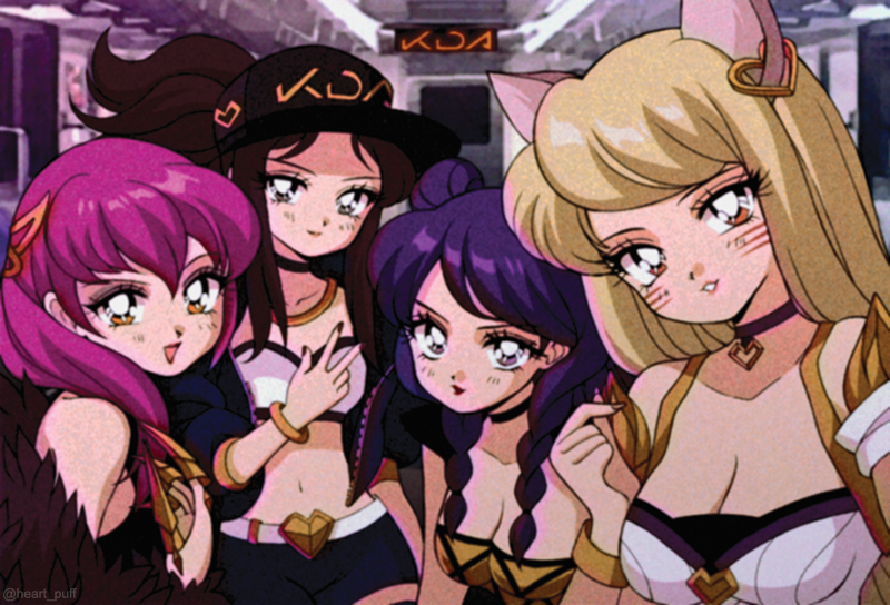 4girls, 90s, ahri, akali, animal_ears, asymmetrical_legwear, bangle, bare_shoulders