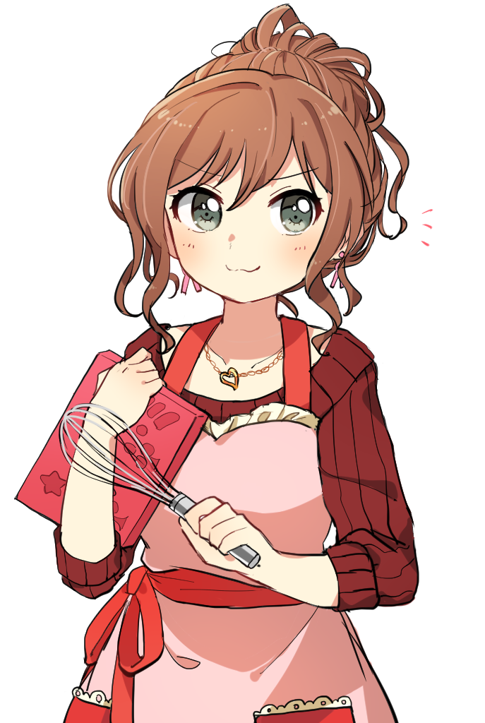 1girl, :3, apron, bang_dream!, bd_ayknn, blush, box, brown_hair, brown_sweater, closed_mouth, commentary_request, eyebrows_visible_through_hair, gold, green_eyes, holding, holding_box, imai_lisa, jewelry, long_sleeves, looking_at_viewer, necklace, notice_lines, pink_apron, ribbed_sweater, simple_background, sketch_eyebrows, sleeves_pushed_up, solo, sweater, whisk, white_background