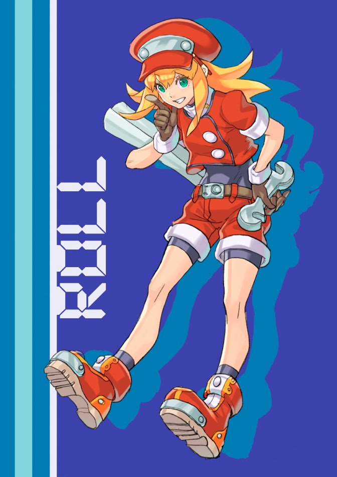 1girl, behind_ear, belt, bike_shorts, bike_shorts_under_shorts, blonde_hair, blue_background, breasts