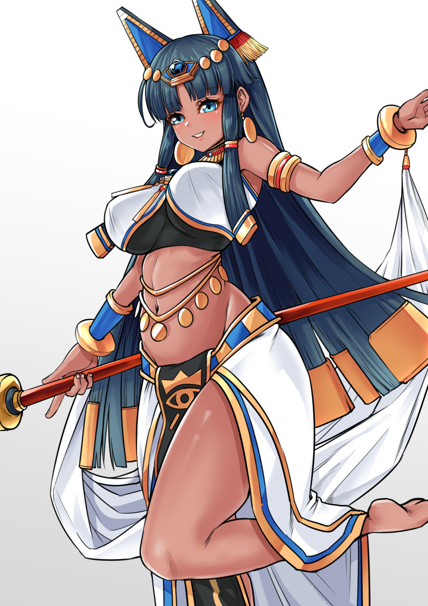 1girl, absurdres, breasts, cleopatra_(grand_chase), earrings, eyebrows_visible_through_hair, grand_chase, highres, jewelry, long_hair, navel, smile, solo, staff, very_long_hair, yong-gok