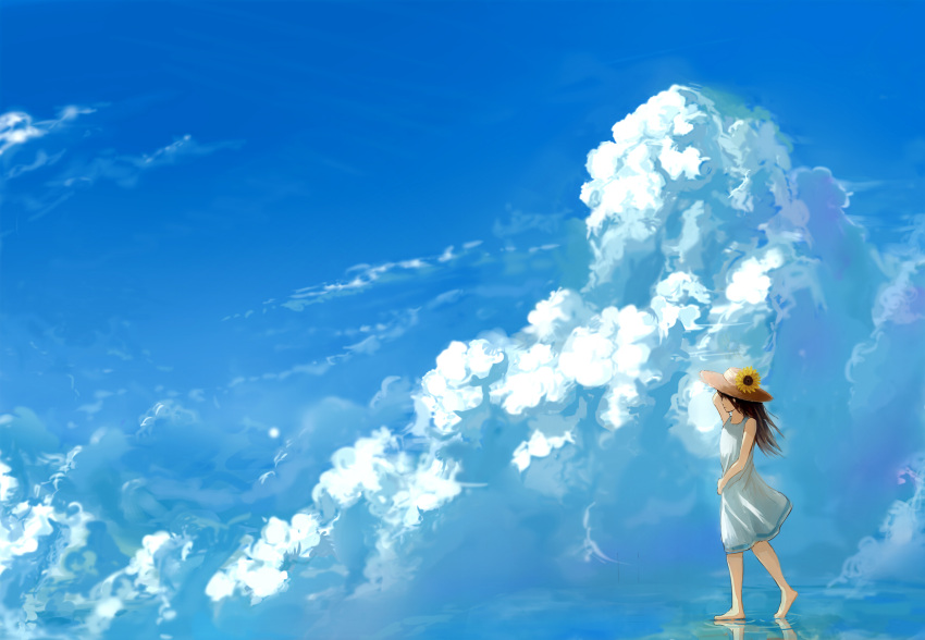 1girl, arm_at_side, barefoot, black_hair, blue_sky, clouds, commentary_request, day