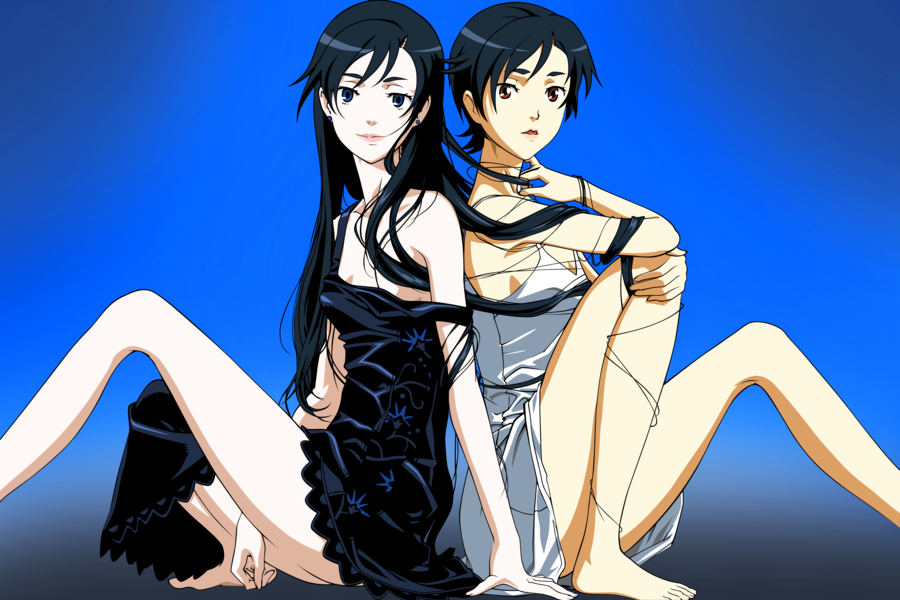 back-to-back, back_to_back, barefoot, black_hair, blood+, blue_eyes, diva, dress
