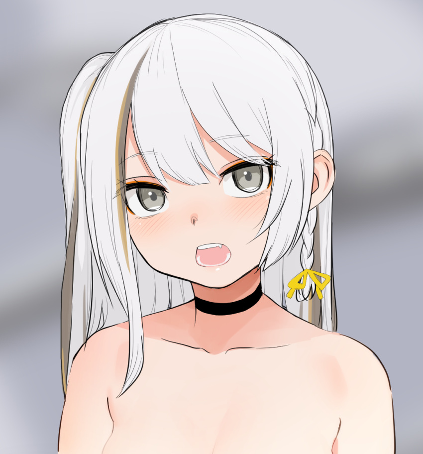 1girl, black_border, blurry, blurry_background, blush, border, braid, breasts
