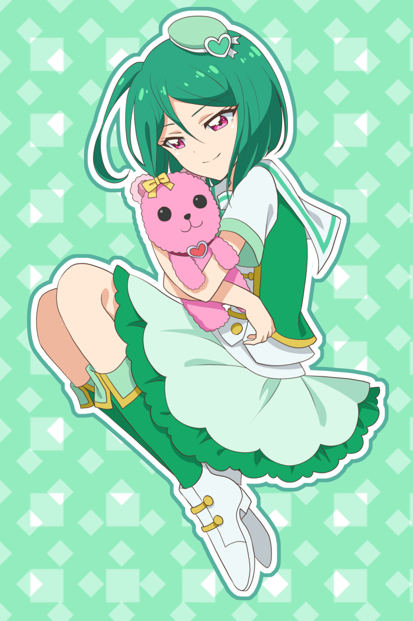 1girl, bangs, closed_mouth, commentary, eyebrows_visible_through_hair, eyelashes, green_hair, green_skirt