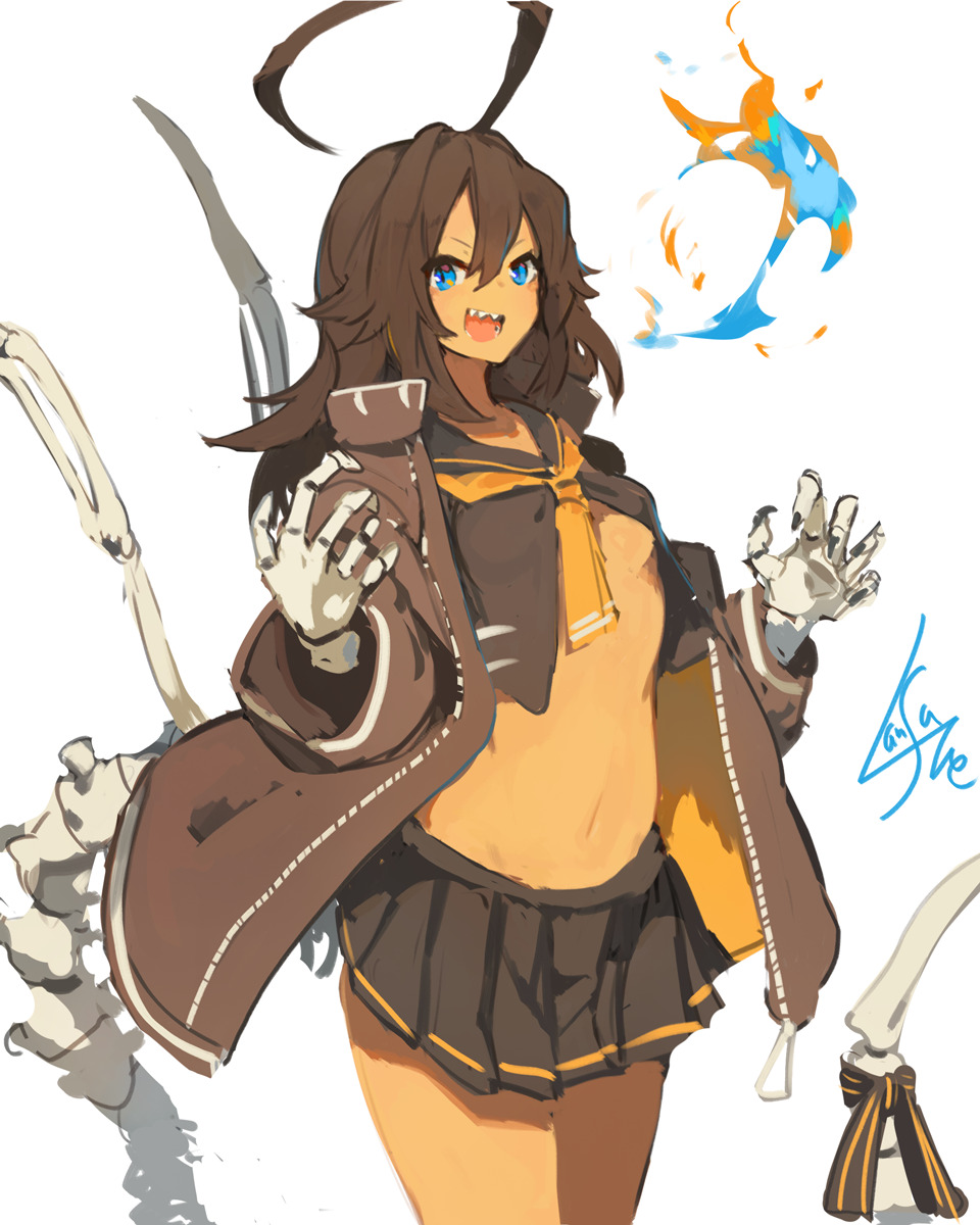 1girl, :d, ahoge, bad_id, bad_tumblr_id, blue_eyes, brown_hair, brown_jacket