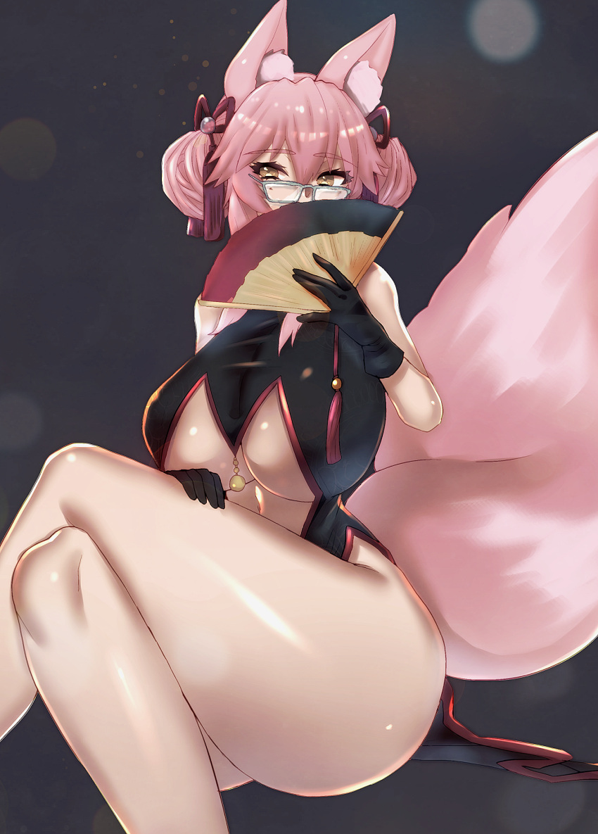 1girl, animal_ear_fluff, animal_ears, bangs, bare_shoulders, bell, black_dress, black_gloves