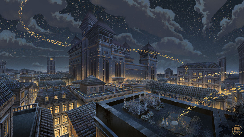 animal, balcony, building, city, city_lights, cityscape, clouds, cloudy_sky, commentary_request, dark, fantasy, fish, flying_fish, highres, limited_palette, night, night_sky, no_humans, original, outdoors, plant, rooftop, scenery, school_of_fish, sky, star_(sky), starry_sky, tile_roof, tower, watermother2004, window