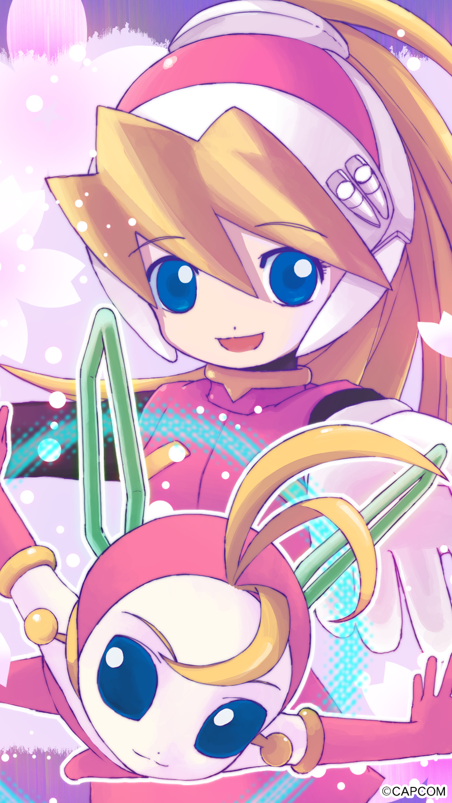 1girl, artist_request, bangs, blonde_hair, blue_eyes, blush, capcom, ciel_(mega_man), ciel_(rockman), cyber_elves, eyebrows_visible_through_hair, gloves, hair_between_eyes, headgear, helmet, high_ponytail, highres, long_hair, mega_man_(series), mega_man_zero_(series), official_art, open_mouth, phone_wallpaper, ponytail, rockman, rockman_zero, smile