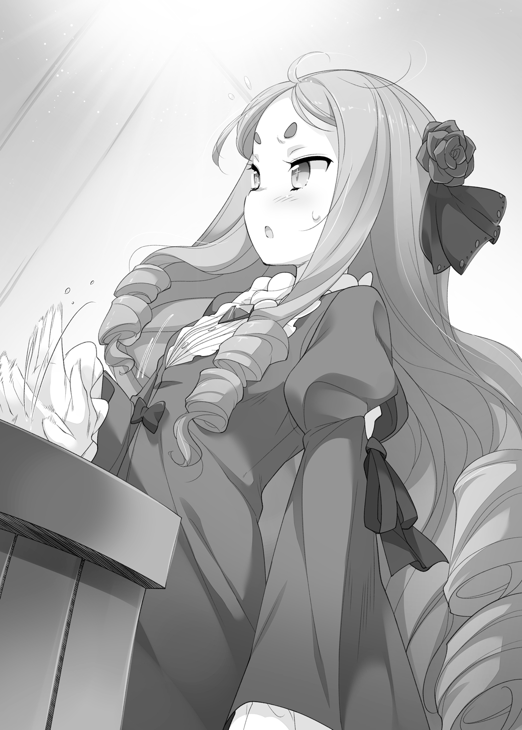 1girl, blush, cheat_kushushi_no_slow_life, drill_hair, flower, greyscale, hair_flower, hair_ornament