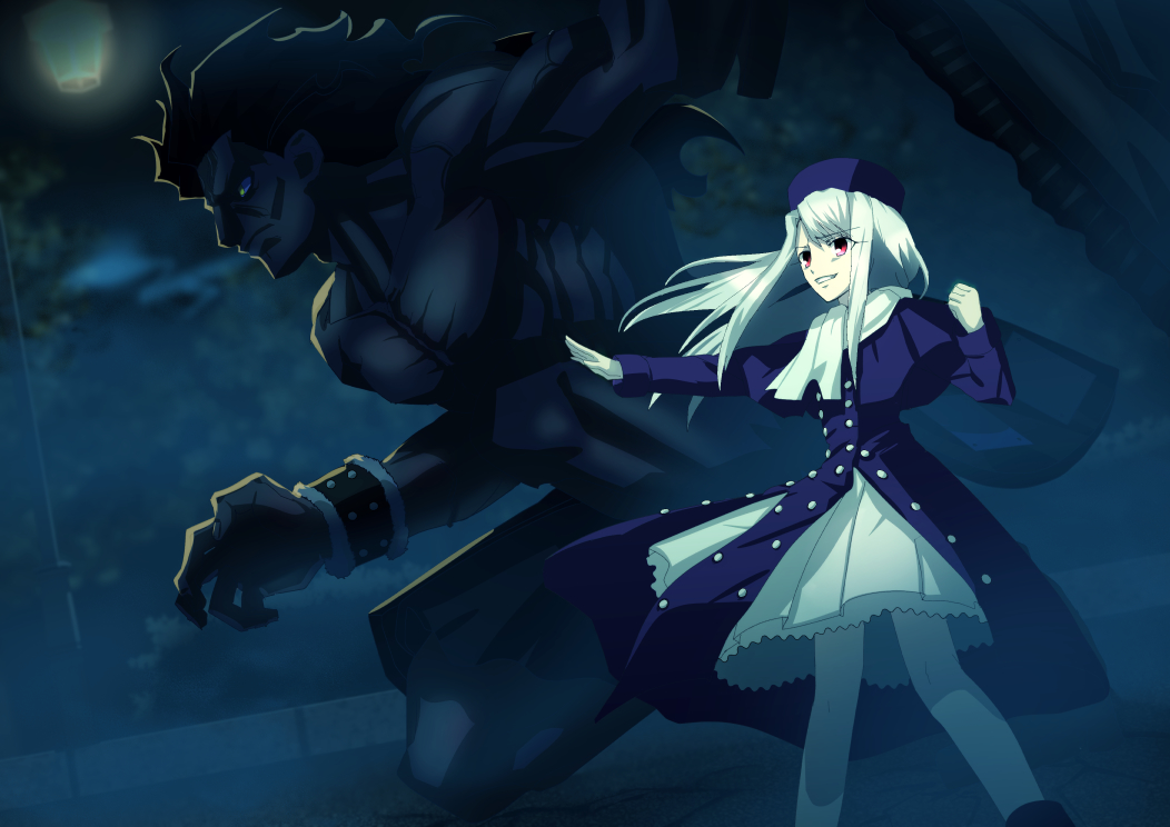 1boy, 1girl, ayamatazu, berserker, black_hair, black_skin, eyebrows_visible_through_hair, fate/stay_night, fate_(series), floating_hair, fog, grin, hat, holding, holding_sword, holding_weapon, illyasviel_von_einzbern, long_hair, night, outdoors, outstretched_arm, pleated_skirt, purple_coat, purple_hat, red_eyes, silver_hair, skirt, smile, standing, sword, very_long_hair, weapon, white_skirt, wrist_cuffs
