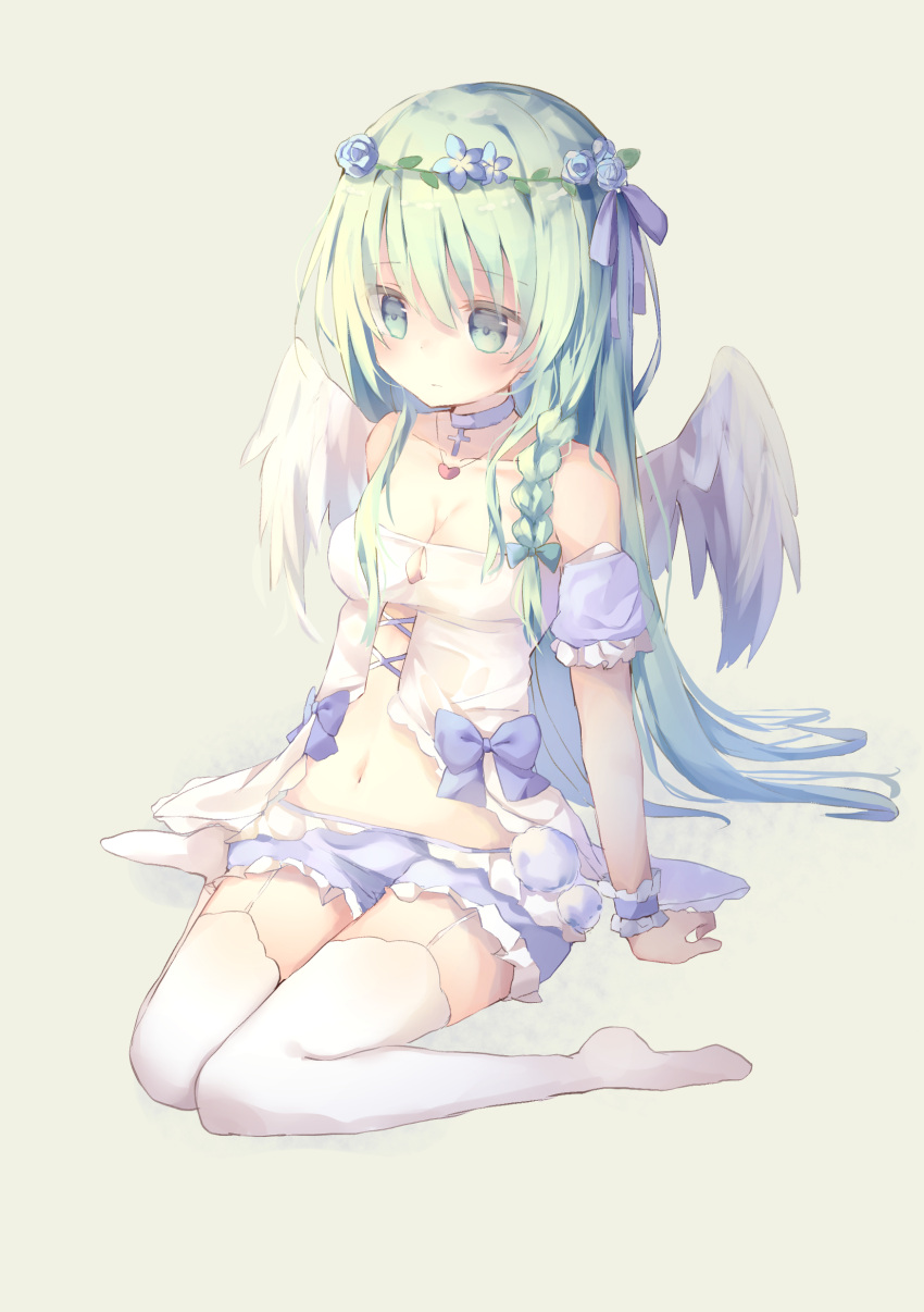 1girl, absurdres, bangs, bare_shoulders, blue_flower, blue_rose, blush, bow, braid, breasts, choker, cleavage, closed_mouth, collarbone, commentary_request, detached_sleeves, eyebrows_visible_through_hair, feathered_wings, flower, frilled_shorts, frilled_sleeves, frills, green_background, green_eyes, green_hair, hair_between_eyes, hair_flower, hair_ornament, heart, highres, long_hair, medium_breasts, mismatched_wings, nabeshima_tetsuhiro, no_shoes, original, puffy_short_sleeves, puffy_sleeves, purple_bow, purple_choker, purple_shorts, purple_sleeves, purple_wings, rose, short_shorts, short_sleeves, shorts, side_braid, single_braid, sitting, solo, thigh-highs, tsuruse, very_long_hair, wariza, white_legwear, white_wings, wings, wrist_cuffs
