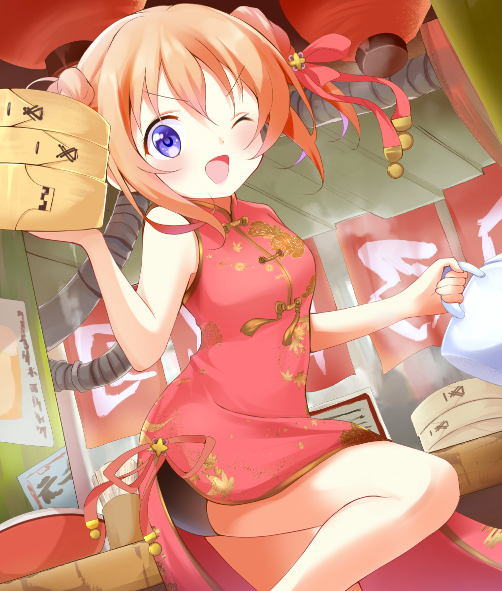 1girl, ;d, bike_shorts, black_shorts, brown_hair, china_dress, chinese_clothes, dress, eyebrows_visible_through_hair, floating_hair, gochuumon_wa_usagi_desu_ka?, hair_between_eyes, hair_ribbon, highres, holding, hoto_cocoa, indoors, leaf_print, leg_up, one_eye_closed, open_mouth, pix_mloof, print_dress, red_dress, red_ribbon, ribbon, short_shorts, shorts, shorts_under_dress, sleeveless, sleeveless_dress, smile, solo, standing, standing_on_one_leg, twintails, v-shaped_eyebrows, violet_eyes