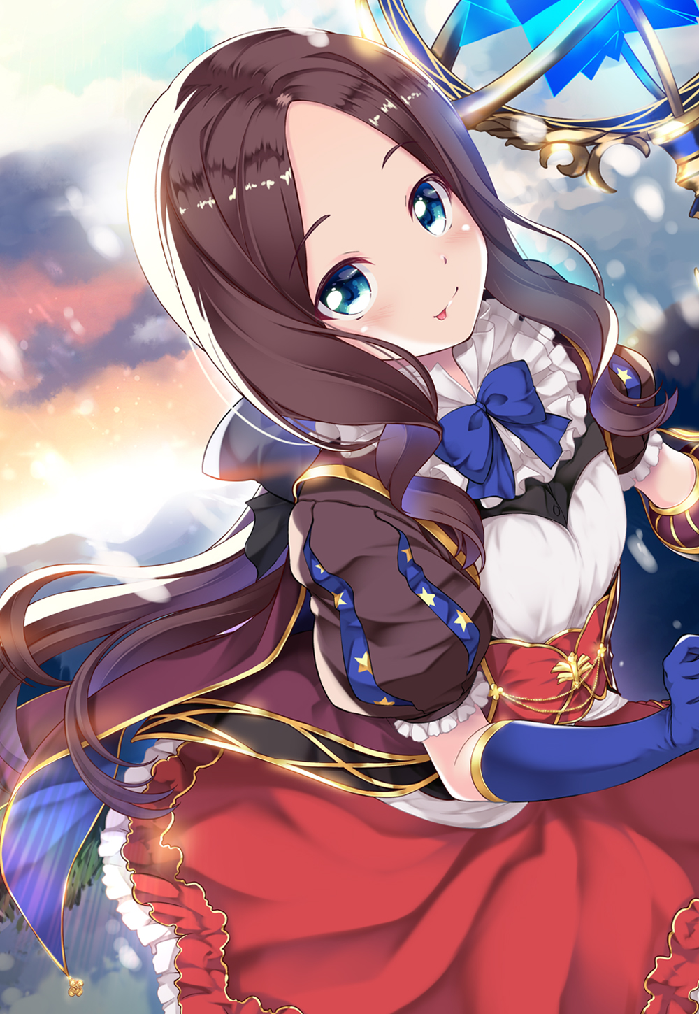 1girl, :p, bangs, blue_eyes, blue_gloves, breasts, brown_hair, closed_mouth