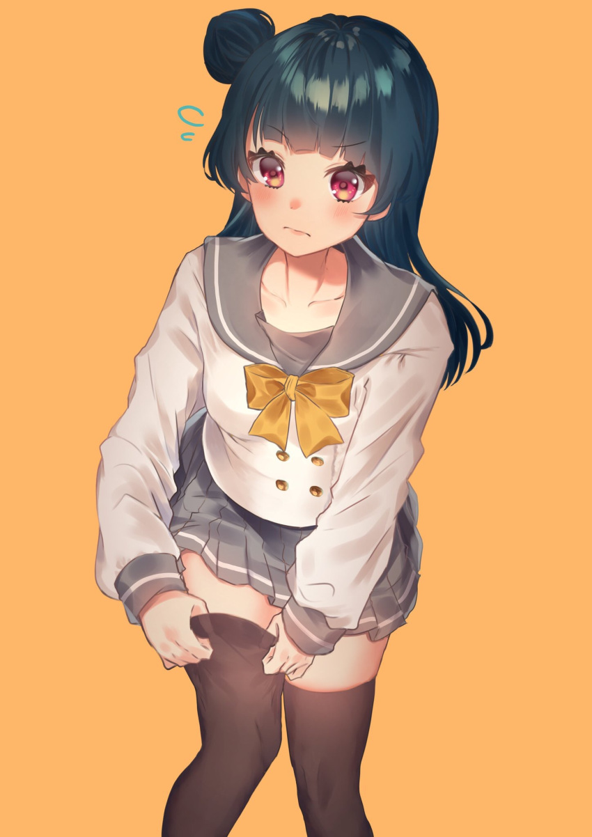 adjusting_clothes, adjusting_legwear, bangs, black_legwear, blue_hair, blush, bow, bowtie