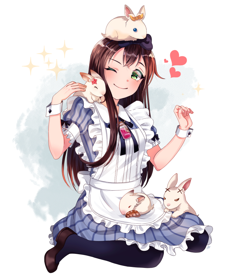 1girl, ;), animal, animal_on_head, animal_on_lap, apron, bang_dream!, bangs