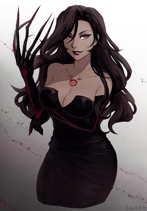 1girl, artist_name, bare_shoulders, black_dress, black_gloves, black_hair, black_lipstick, breast_hold