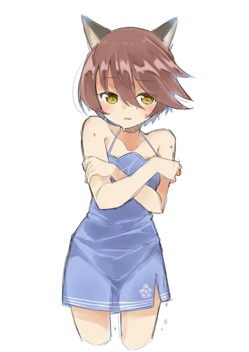 1girl, amane_rosylily, animal_ear_fluff, animal_ears, bangs, bare_arms, bare_shoulders, blue_dress