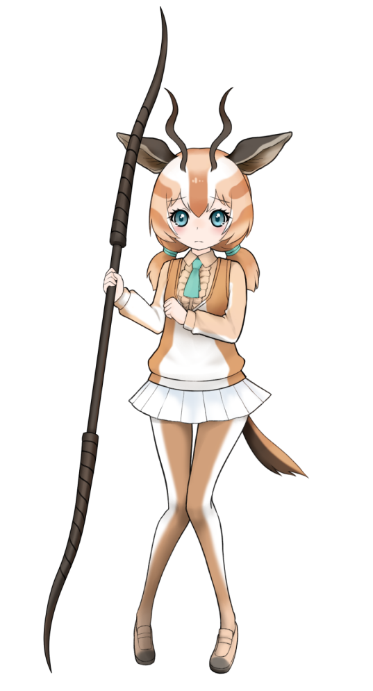 1girl, bangs, center_frills, eyebrows_visible_through_hair, full_body, gazelle_ears, gazelle_tail, green_eyes, green_neckwear, hair_between_eyes, horn_lance, horns, ise_(0425), kemono_friends, knees_together_feet_apart, long_hair, long_sleeves, looking_at_viewer, low_twintails, mini_necktie, multicolored_hair, necktie, orange_hair, pantyhose, rhim_gazelle_(kemono_friends), shoes, simple_background, skirt, solo, tearing_up, twintails, two-tone_hair, vest, white_background, white_hair, white_skirt
