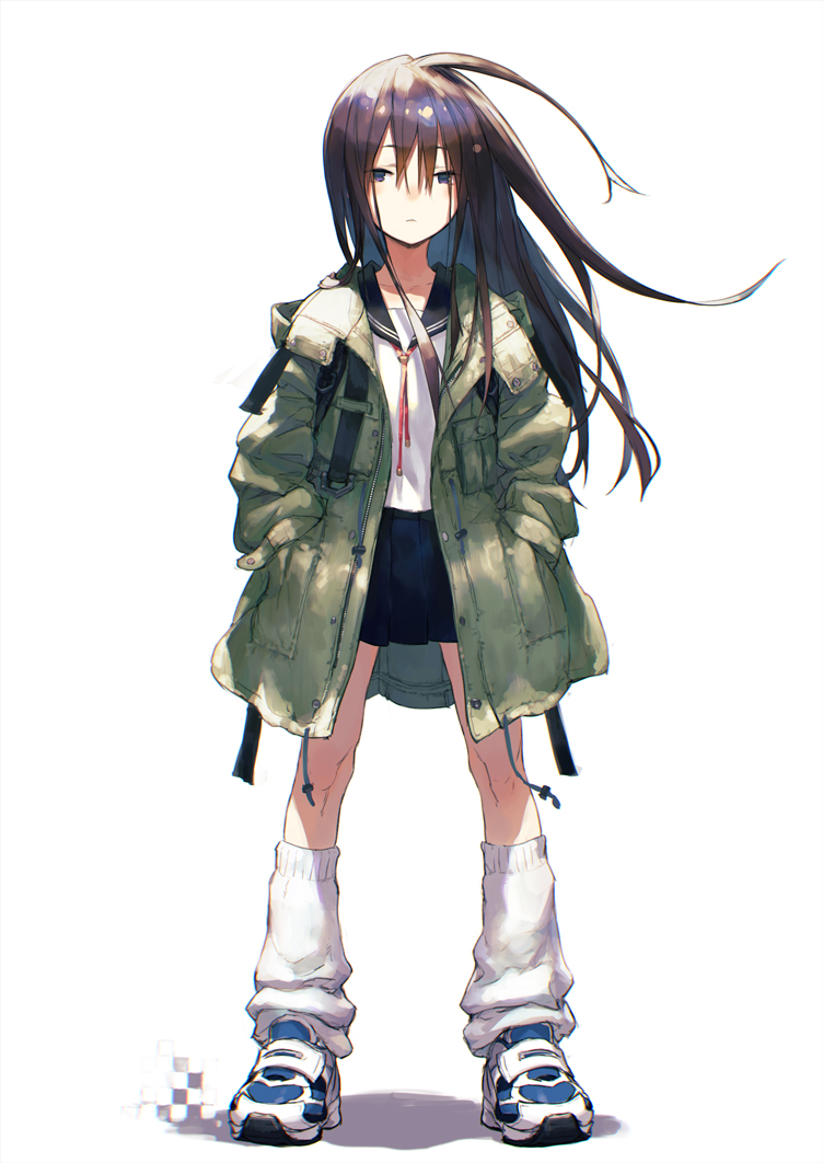 1girl, bangs, black_sailor_collar, black_skirt, closed_mouth, coat, commentary_request, crossed_bangs
