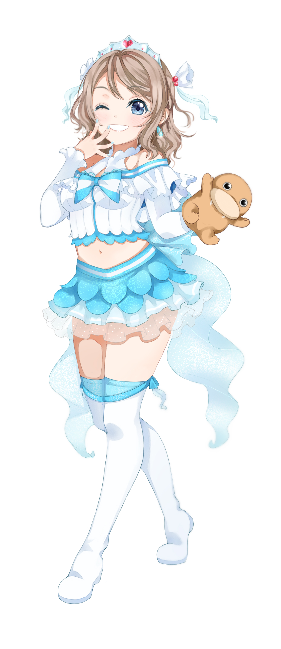 1girl, artist_request, blue_eyes, blue_nails, blue_skirt, boots, bow, bowtie