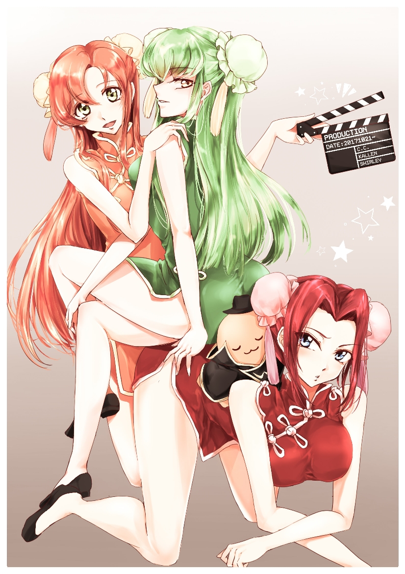 3girls, blue_eyes, c.c., cheese-kun, chelsea, china_dress, chinese_clothes, code_geass