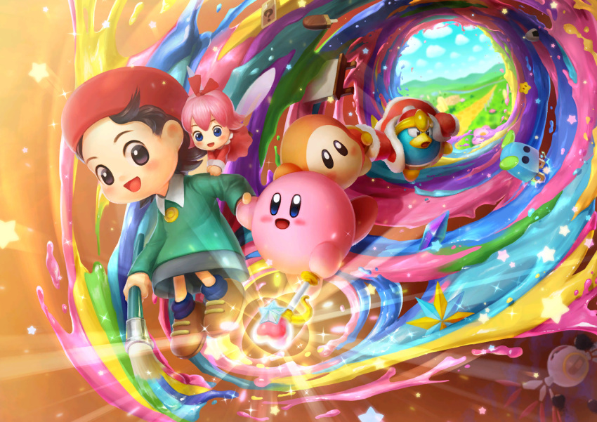 2girls, 3boys, adeleine, animal, bandaid, beak, beret, bird