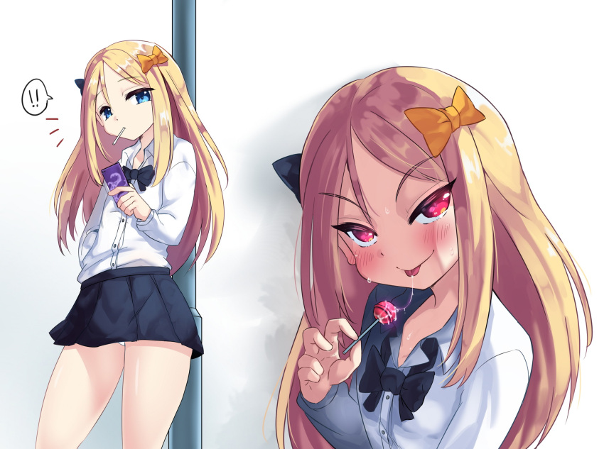 !!, 1girl, abigail_williams_(fate/grand_order), black_bow, black_neckwear, black_skirt, blonde_hair, blue_eyes