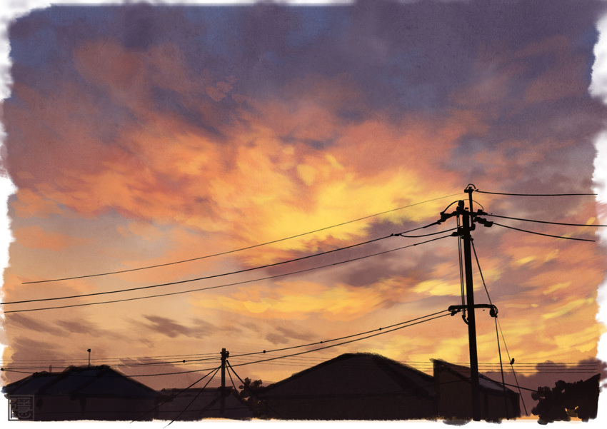 clouds, cloudy_sky, commentary_request, evening, no_humans, outdoors, power_lines, scenery