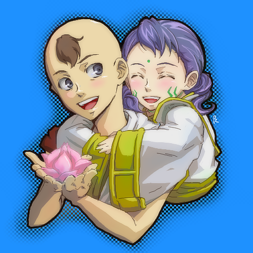 1girl, closed_eyes, couple, eureka_7, eureka_seven, eureka_seven_(series), flower, hug, lowres, norbu, oekaki, purple_hair, sakuya, sakuya_(e7), sakuya_(eureka_seven)