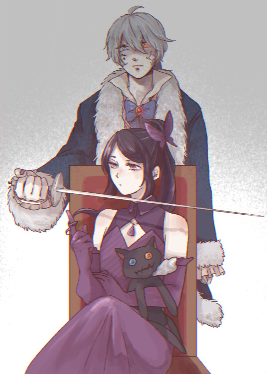 1boy, 1girl, ahoge, bangs, black_hair, blue_bow, blue_coat, blue_eyes