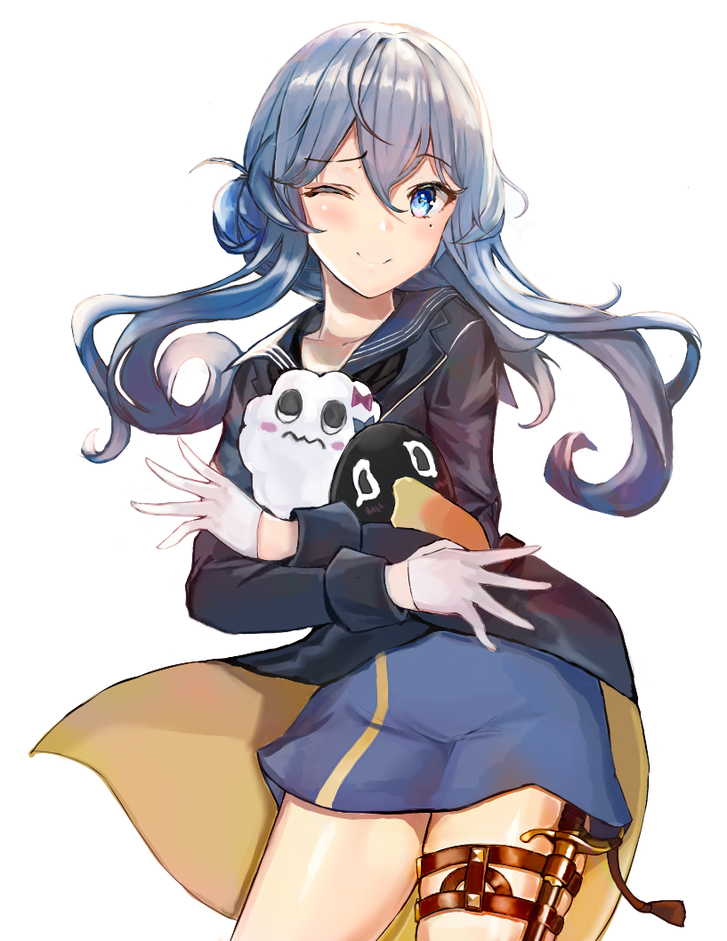 1girl, black_neckwear, blue_eyes, blue_hair, blue_sailor_collar, blue_skirt, blush, breasts
