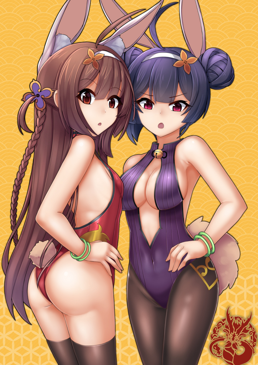 2girls, :o, ahoge, animal_ear_fluff, animal_ears, ass, azur_lane, backless_outfit