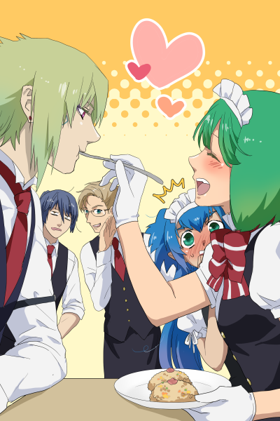 2girls, 3boys, alternate_costume, blonde_hair, blue_hair, blush, brera_sterne, brother_and_sister