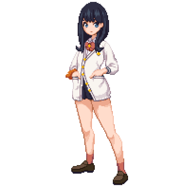 1girl, bangs, black_hair, black_skirt, blue_eyes, bow, cardigan, hands_in_pockets, long_sleeves, looking_at_viewer, microskirt, orange_scrunchie, pixel_art, pixelflag, red_bow, scrunchie, skirt, ssss.gridman, sweater, takarada_rikka, white_cardigan, white_sweater, wrist_scrunchie